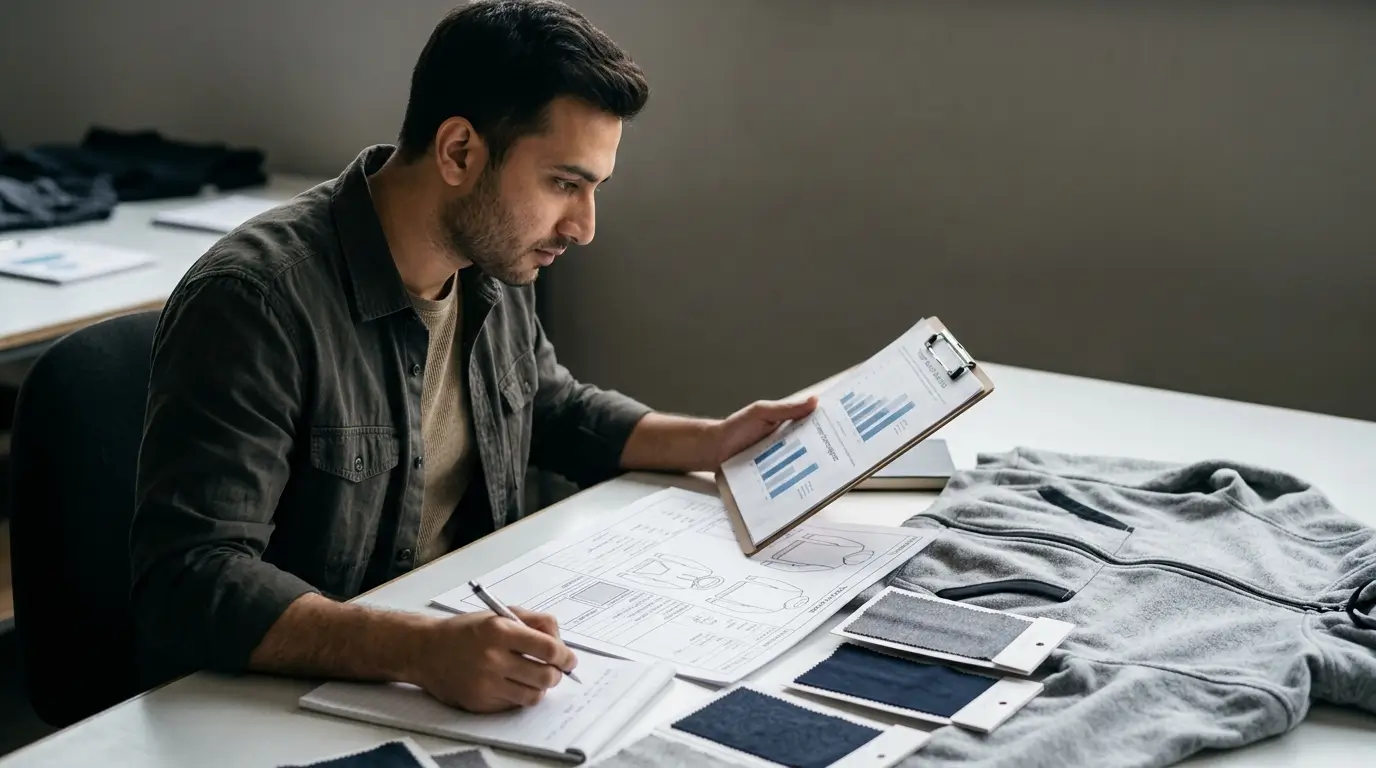 A man writing notes while reviewing a clipboard with charts, surrounded by garment sketches, fabric swatches, and a gray hoodie on a desk.