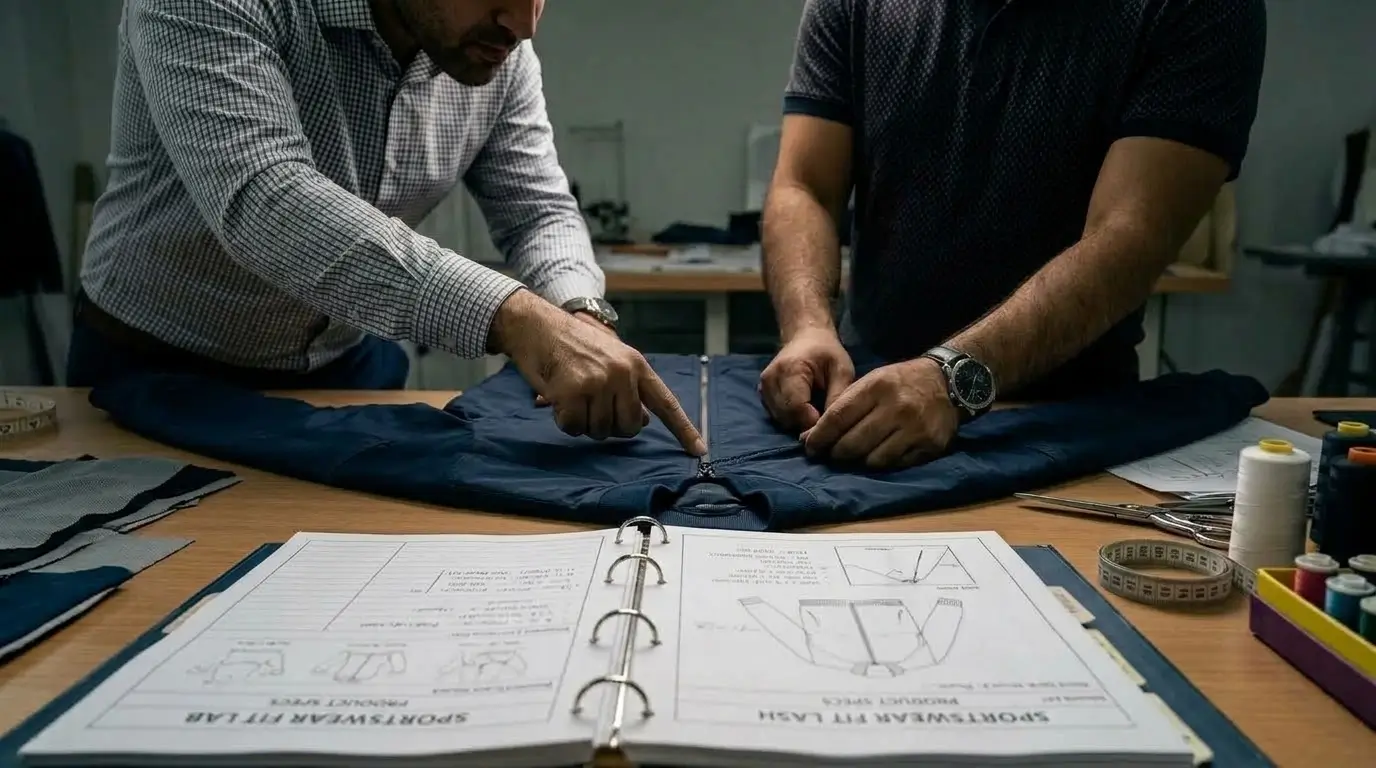 Two men examining the zipper of a blue jacket on a table alongside a binder labeled Sportswear Fit Lab and tailoring tools.