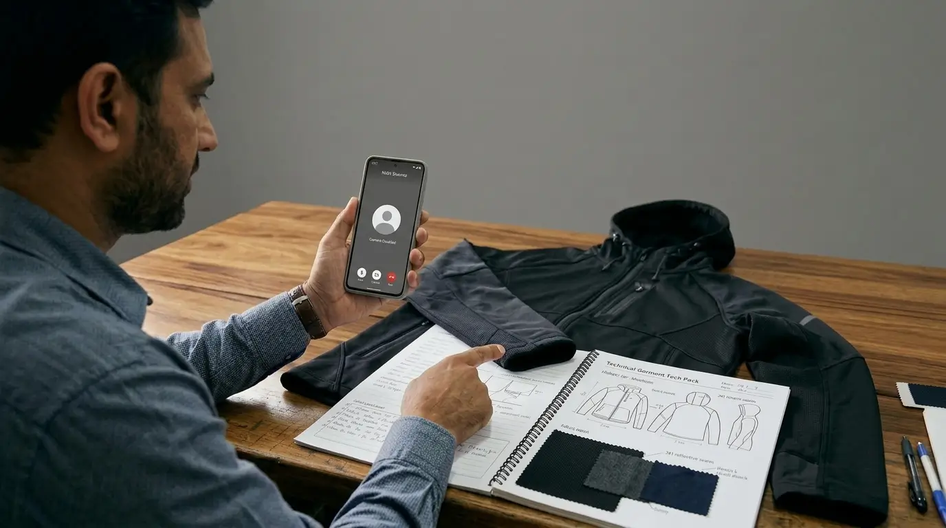 A man reviewing a technical garment tech pack with sketches and fabric swatches on a wooden desk while holding a smartphone and explaining it to someone on WhatsApp call.